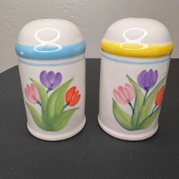 Mervyns 1998 Hand-Painted Tulip Ceramic Salt & Pepper Shakers Blue & Yellow - Picture 1 of 10